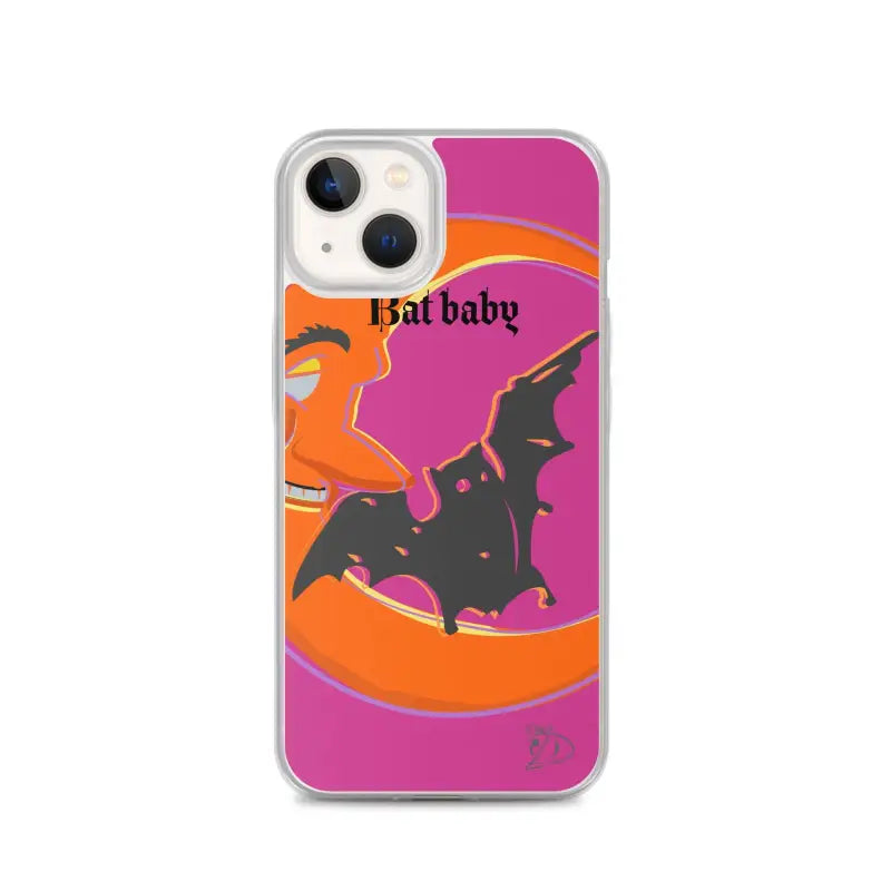 Bat Baby iPhone case with whimsical bat and moon design in vibrant orange and pink