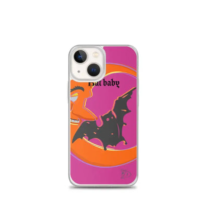 IPhone case with a whimsical bat baby silhouette design in orange and pink colors