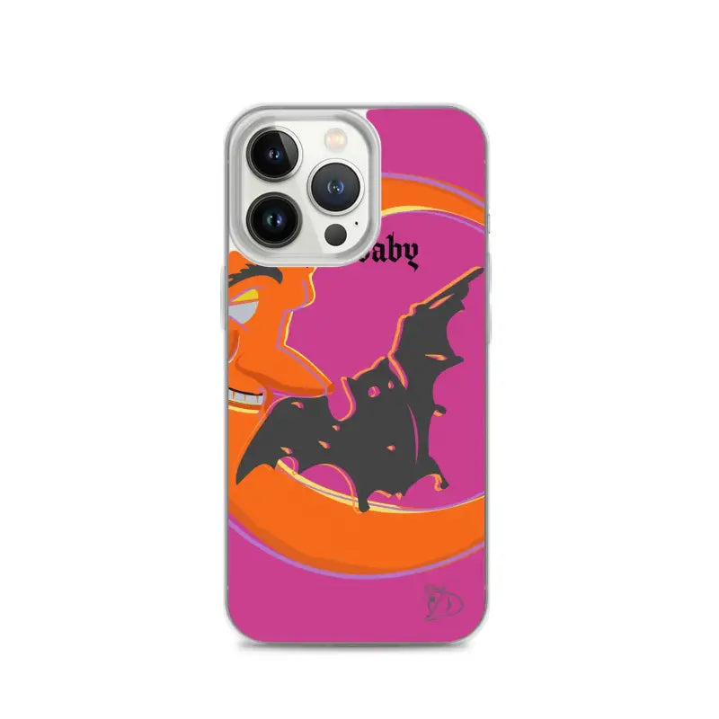 Halloween-themed Bat Baby iPhone Case with bat and crescent moon on pink background