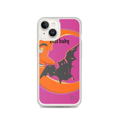 Bat Baby iPhone Case with a whimsical bat and moon design in pink and orange colors