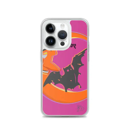 Halloween-themed Bat Baby iPhone Case with bat and moon design in orange and pink