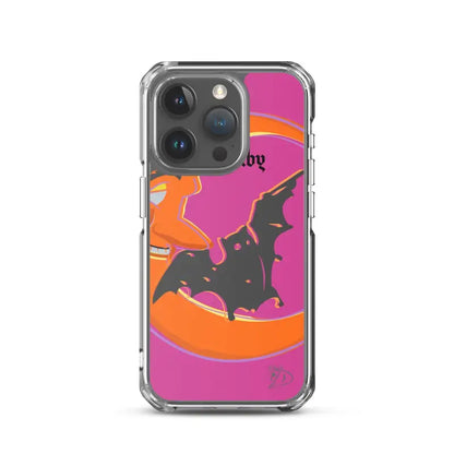 Clear Bat Baby iPhone Case with Halloween bat silhouette on vibrant orange and pink