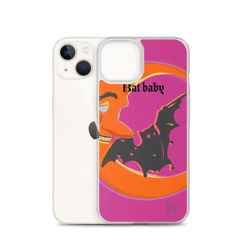 Clear Bat Baby iPhone Case featuring a whimsical pink and orange Halloween bat design