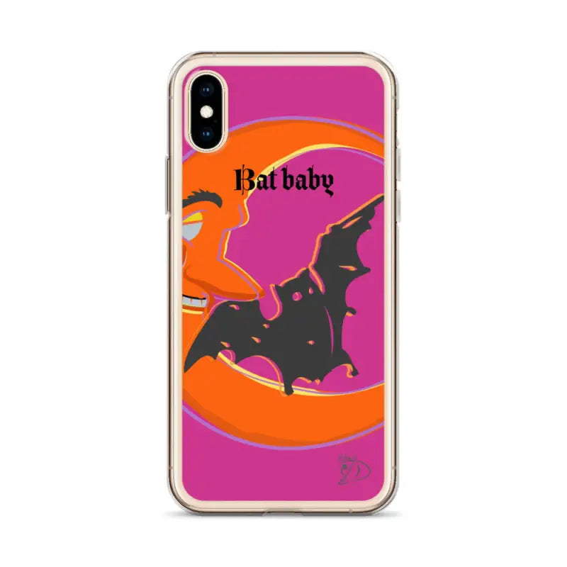 Bat Baby iPhone Case with black bat silhouette on orange and pink background