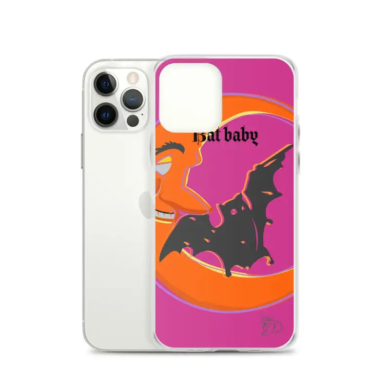 Bat Baby iPhone case featuring a whimsical bat silhouette in pink and orange colors