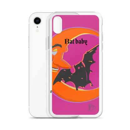 IPhone case featuring a bat baby silhouette against a vibrant orange crescent moon