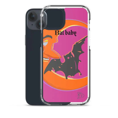 Bat Baby iPhone Case featuring black bat silhouette on pink and orange background