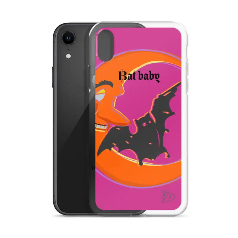 IPhone case with Halloween design featuring bats and crescent moon in vibrant colors