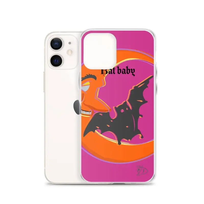 Clear iPhone case featuring pink and orange bat design and text Bat Baby