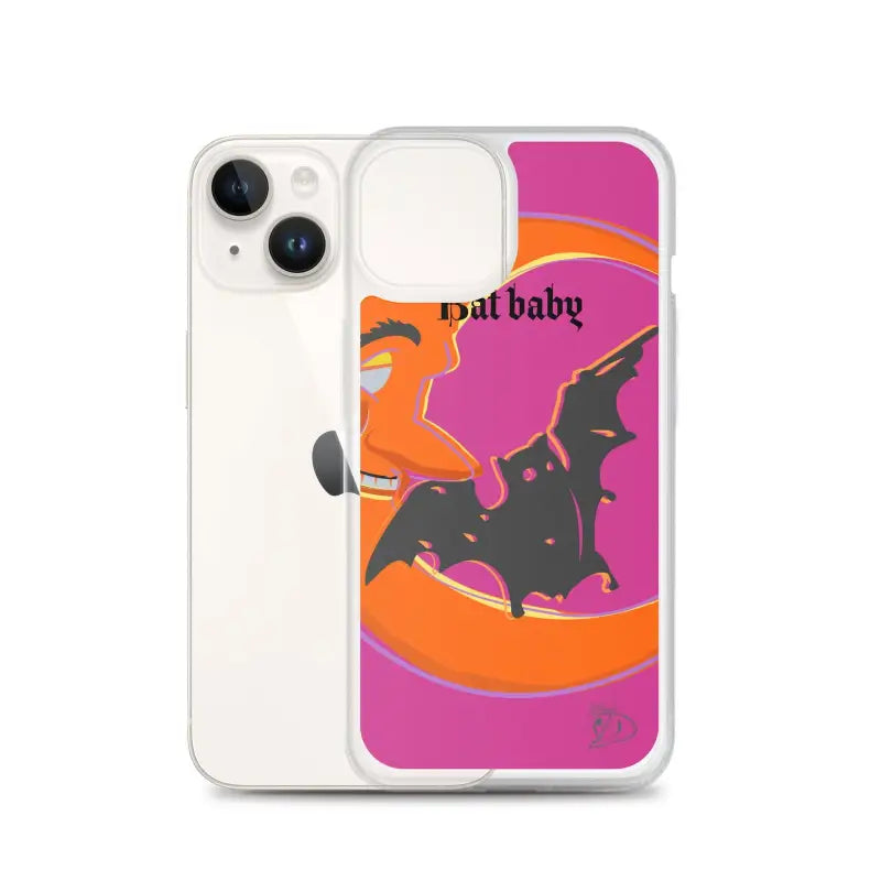 Clear iPhone case featuring pink and orange bat design with bat baby text