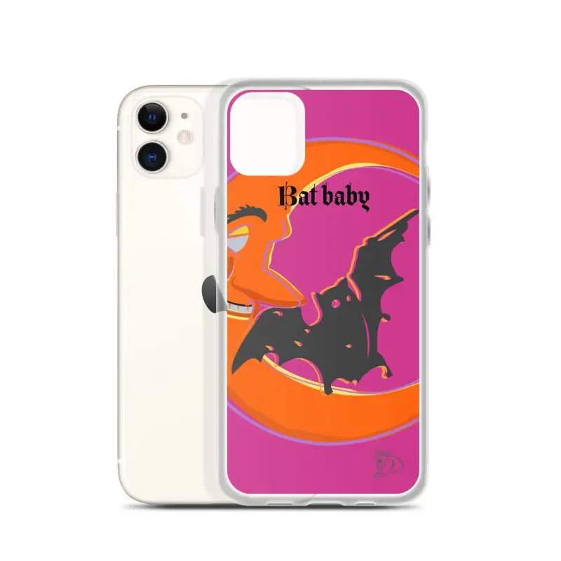 Bat Baby iPhone Case with a whimsical bat silhouette in orange and pink colors