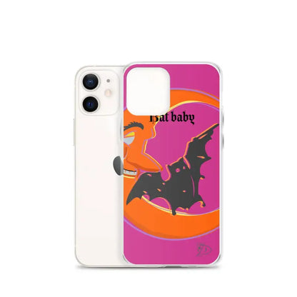 Bat Baby iPhone Case with bat silhouette design on an orange and pink background