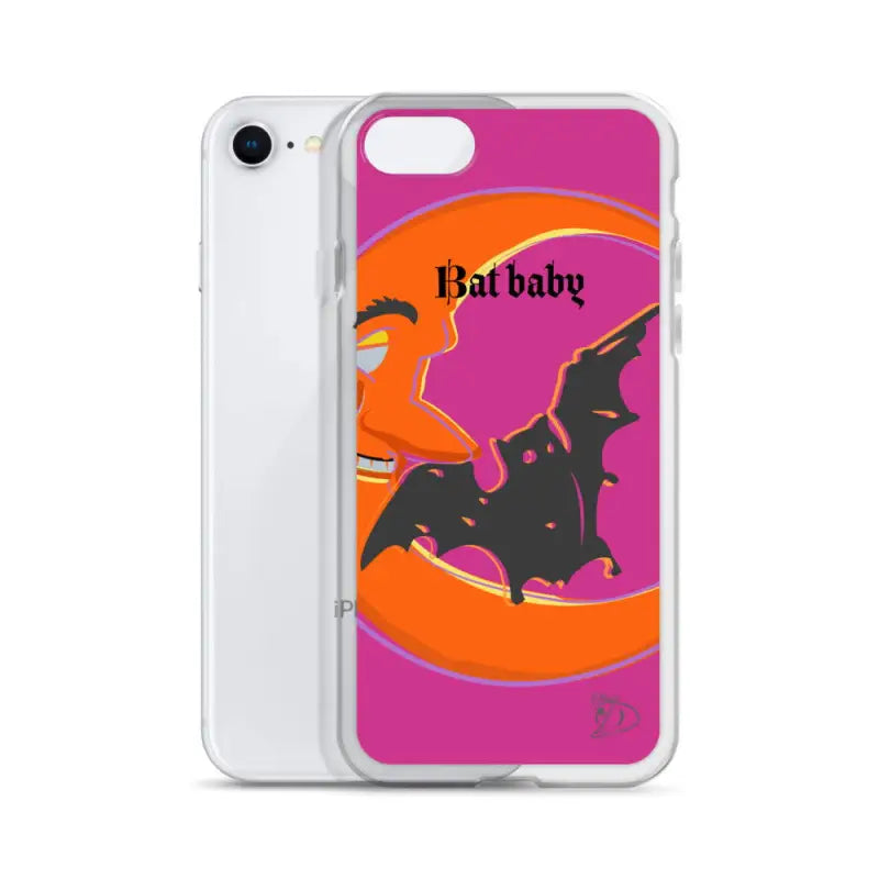 Bat Baby iPhone Case with bat silhouette and crescent moon on pink background