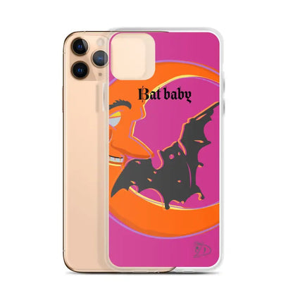 Halloween-themed iPhone case featuring black bats and Bat Baby text in vibrant colors