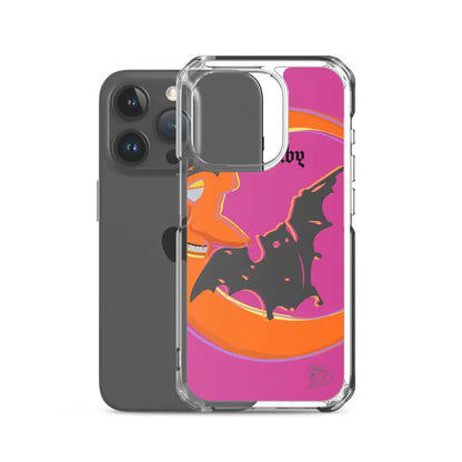 Clear Bat Baby iPhone Case featuring Halloween bat and crescent moon design in pink and orange