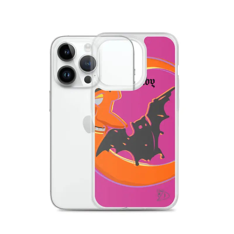 Clear iPhone Bat Baby case featuring a whimsical pink and orange bat design