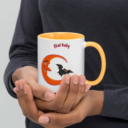 Whimsical Bat Baby Mug with vibrant orange crescent and black bat silhouette design