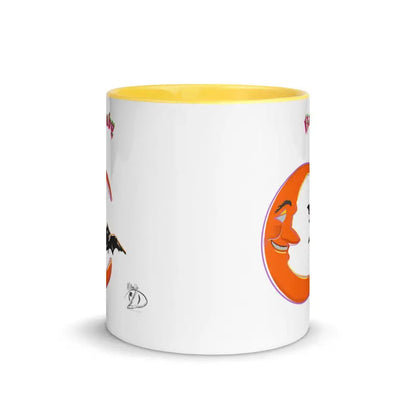 White ceramic bat baby mug featuring vibrant orange crescent and decorative black bat silhouette