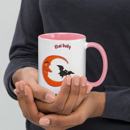 Whimsical Bat Baby Mug with vibrant orange crescent, red moon, and black bat silhouette