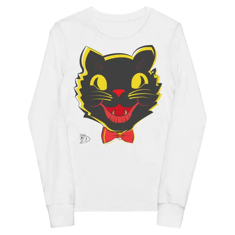 White long sleeve tee featuring a black cat design for enchanting Halloween spirit