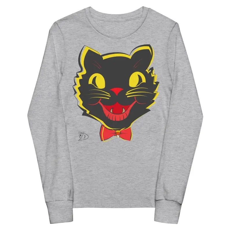 Grey long sleeve tee featuring a whimsical black cat face design for Halloween spirit