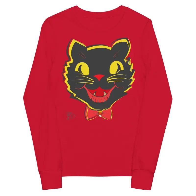 Red long sleeve tee with a black cat face and bow tie for Halloween spirit