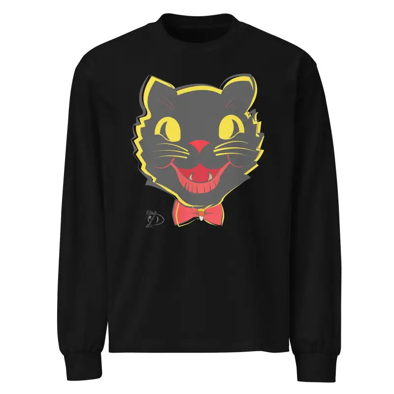 Black long sleeve shirt adorned with a smiling cartoon black cat and red bow tie