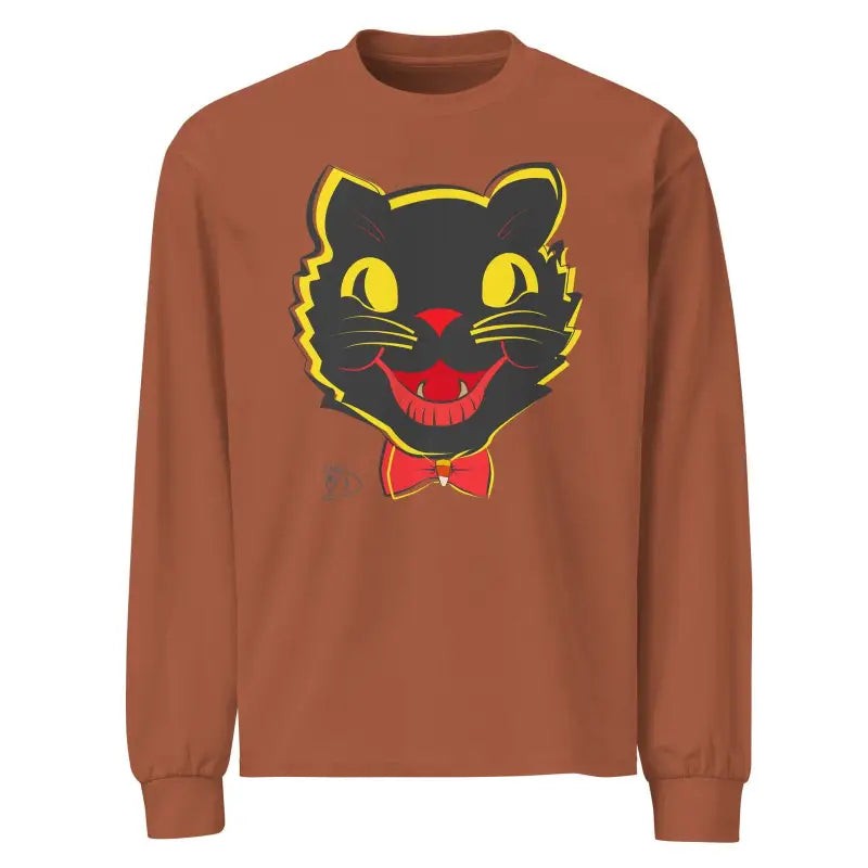 Brown long sleeve shirt with black cat face design, yellow eyes, and red bowtie