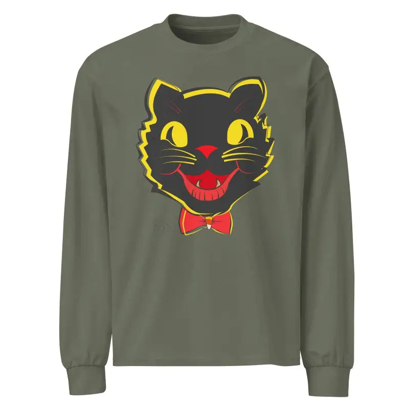 Olive green long sleeve shirt featuring whimsical black cat face design with red accents