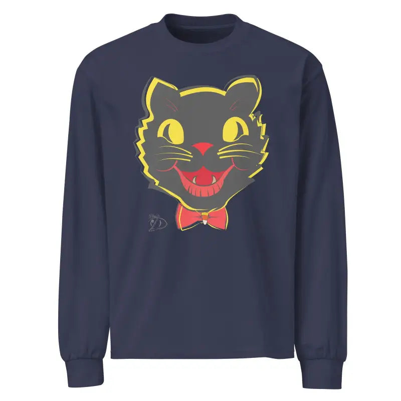 Navy blue long sleeve shirt with a smiling black cat face and red bow tie design