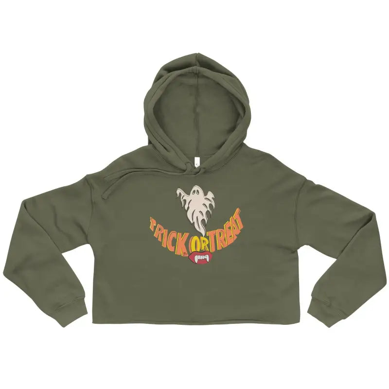 Olive green trick-or-treating cropped hoodie featuring ghost and Trick or Treat design