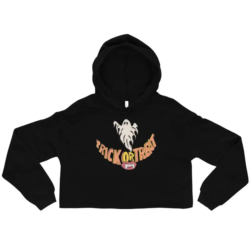 Black cropped hoodie featuring ghost design and Trick or Treat for happy trick-or-treating