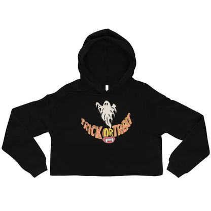 Black cropped hoodie featuring a ghost and Trick or Treat design for happy trick-or-treating