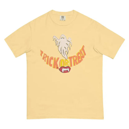 Yellow Treat Smiles Heavyweight T-Shirt featuring ghost and TRICK OR TREAT design