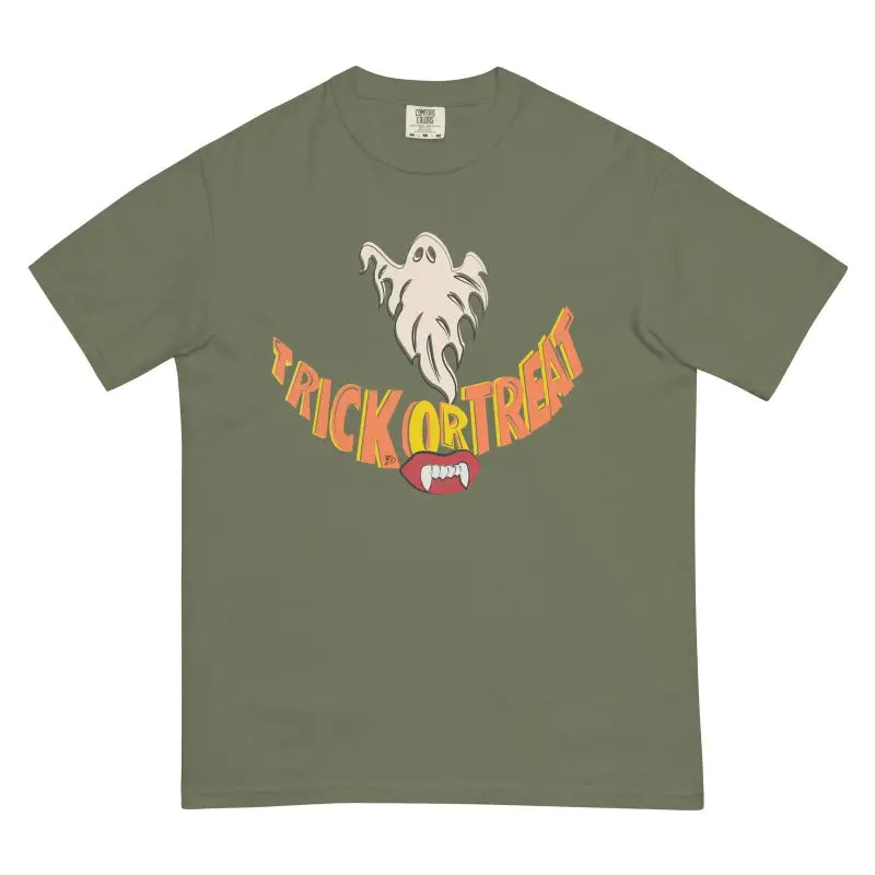 Olive green smiles heavyweight t-shirt with ghost and Trick or Treat Halloween design