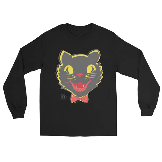 Black long sleeve t-shirt featuring a cartoon black cat face, vintage cat unisex style