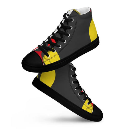 High-top sneakers featuring a vintage black cat design in black, yellow, and red