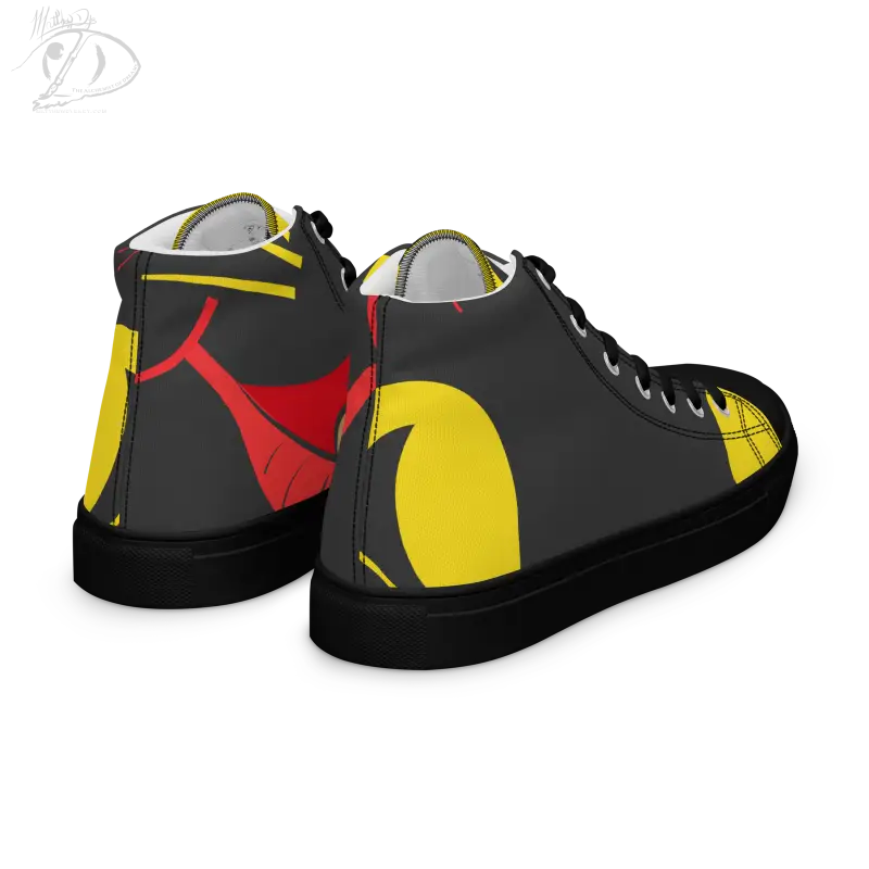 High-top sneakers featuring vintage black cat design in black, red, and yellow