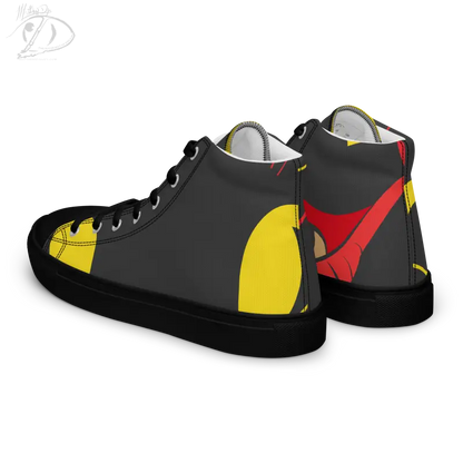 High-top sneakers featuring a geometric black, yellow, and red design with vintage black cat pattern