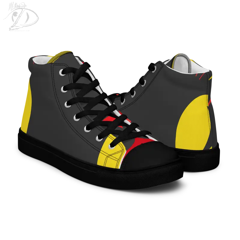 High-top sneakers featuring color blocks in black, yellow, and red with vintage black cat design