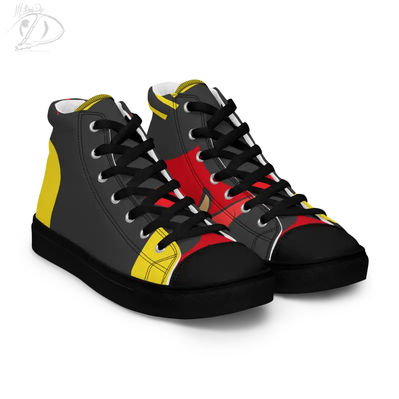 High-top sneakers with black, red, and yellow color blocks featuring a vintage black cat design