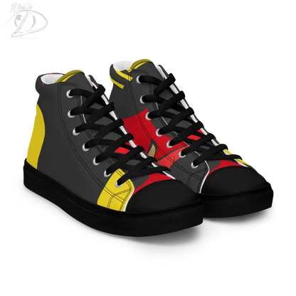 High-top sneakers with black, red, and yellow color blocks featuring a vintage black cat design