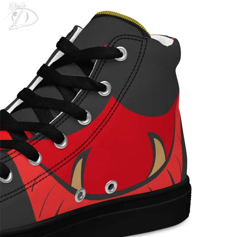 Red and black high-top sneakers featuring a vintage black cat and fish design