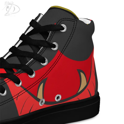 Red and black high-top sneakers featuring a vintage black cat and fish design