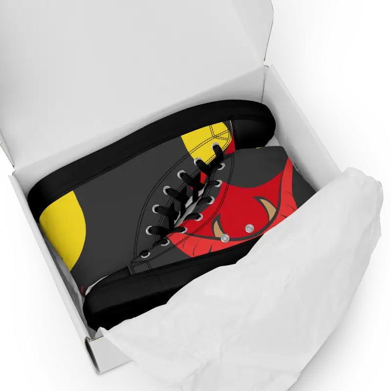 High-top sneakers featuring a vintage black cat design in black, red, and yellow