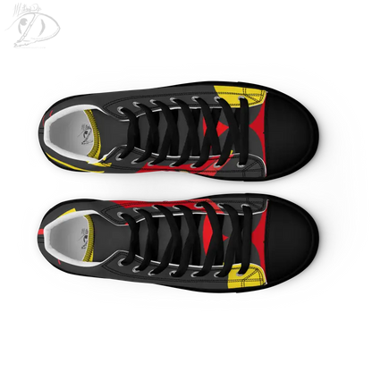 Black sneakers featuring red and yellow geometric accents from the Vintage Black Cat collection