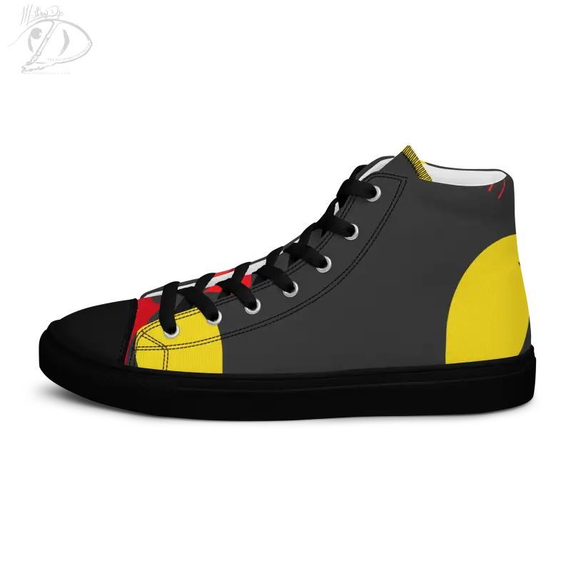 High-top sneaker featuring vintage black cat design with black, gray, yellow, and red laces