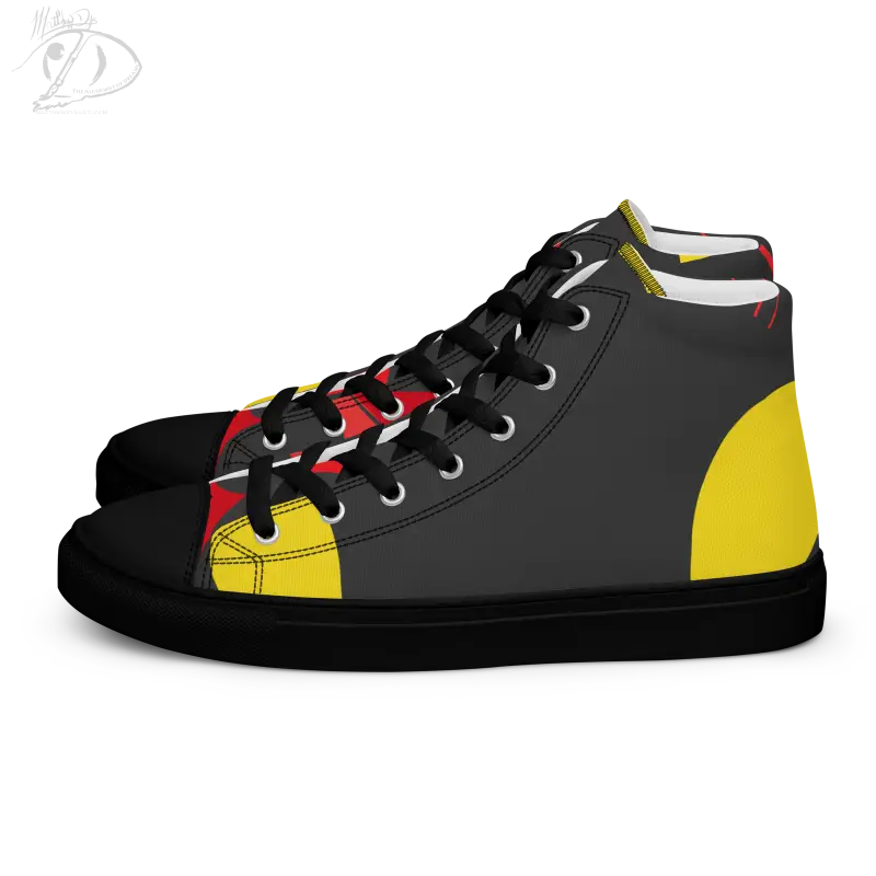 High-top sneakers featuring color blocks of black, gray, yellow, and red with vintage black cat design