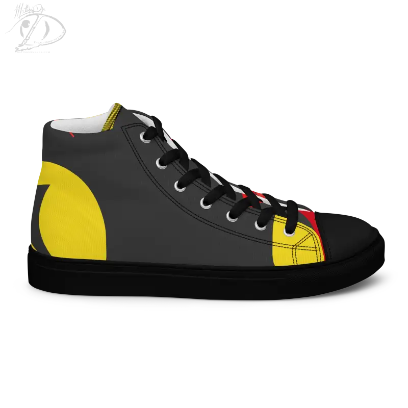 High-top sneaker in black and gray featuring vintage black cat accents in yellow and red