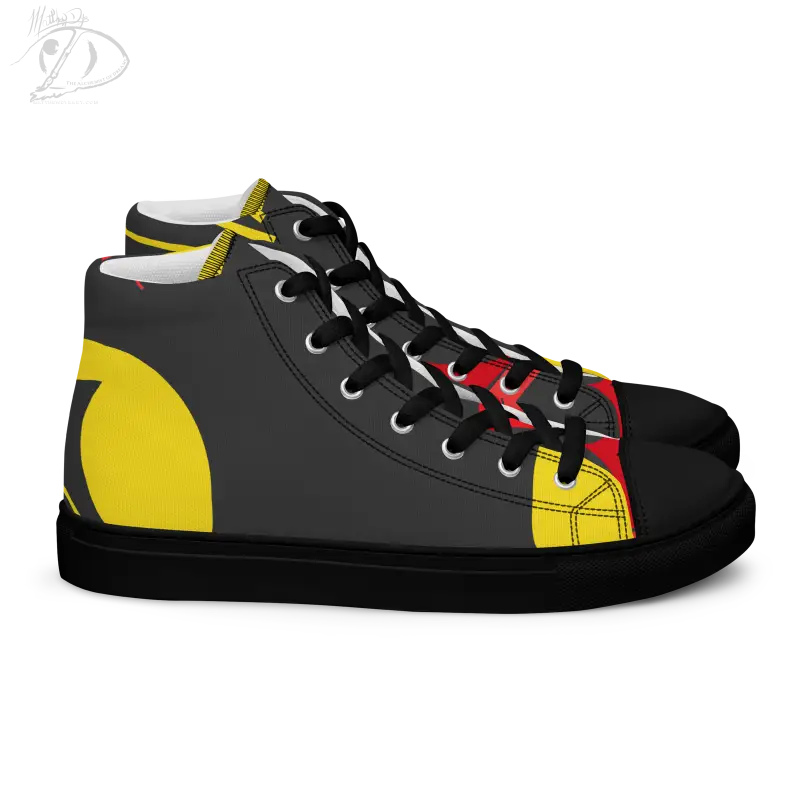 Black high-top sneakers featuring yellow and red geometric design, inspired by vintage black cat